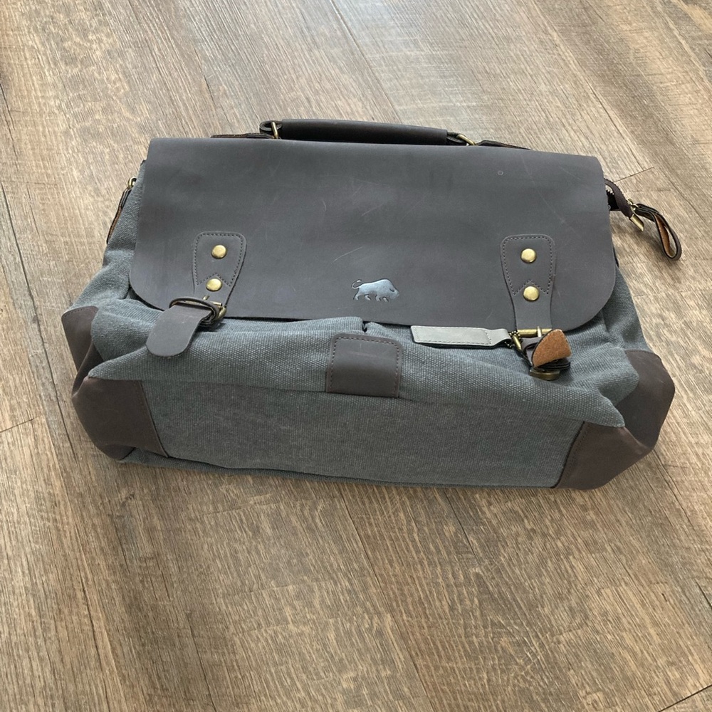 Buffalo Leather & Cotton Canvas Portfolio Business Briefcase Travel Bag - Picture 2 of 16